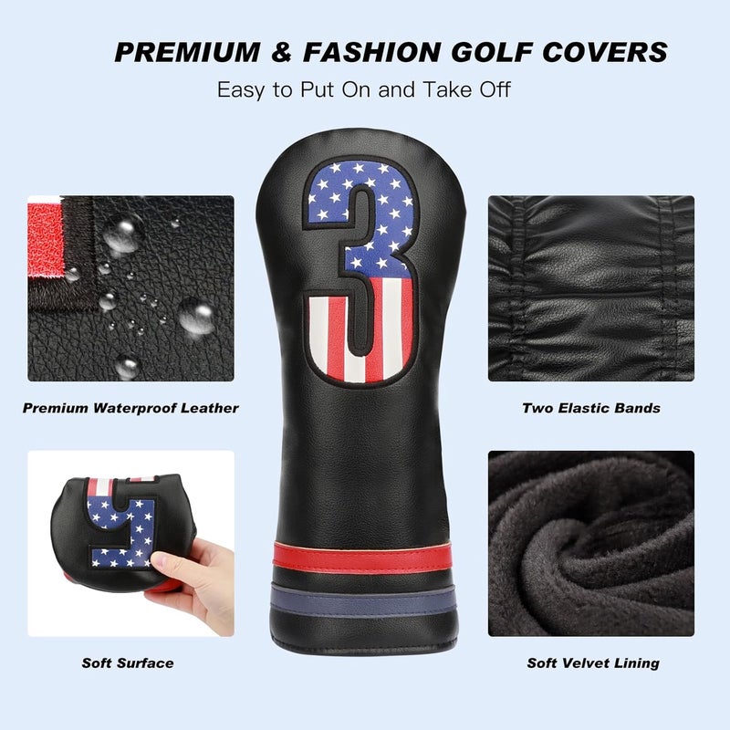 PONADA Golf Head Covers, 4pcs or 1pc USA Stars and Stripes Golf Club Covers for Woods and Driver Fairway Hybrid, PU Leather Golf Club Head Covers for Men Women with Interchangeable Tags, Fits Most Golf Clubs - Image 2